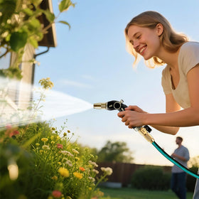 Restmo heavy-duty metal hose nozzle with brass head for durable, long-lasting garden use.