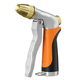 Restmo heavy-duty nozzle in angle view showing rugged metal construction for outdoor use.