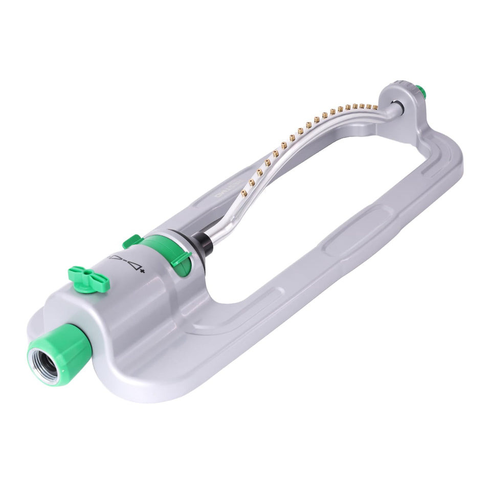 Restmo heavy-duty oscillating sprinkler base provides stable watering on uneven lawns.