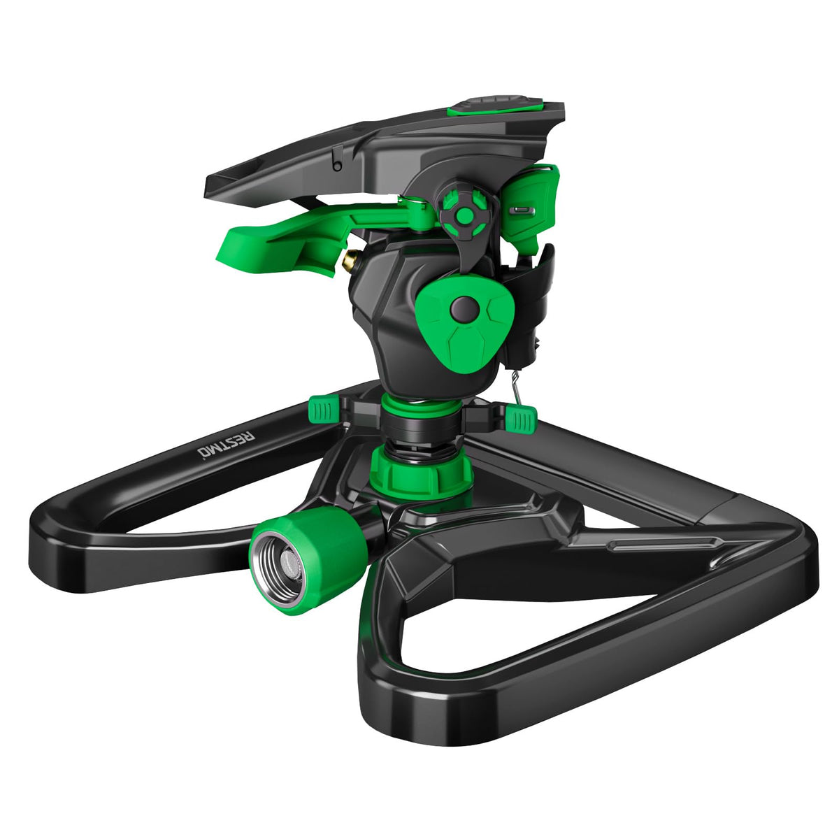 RESTMO heavy-duty pulsating sprinkler base shown on uneven terrain for stable irrigation.
