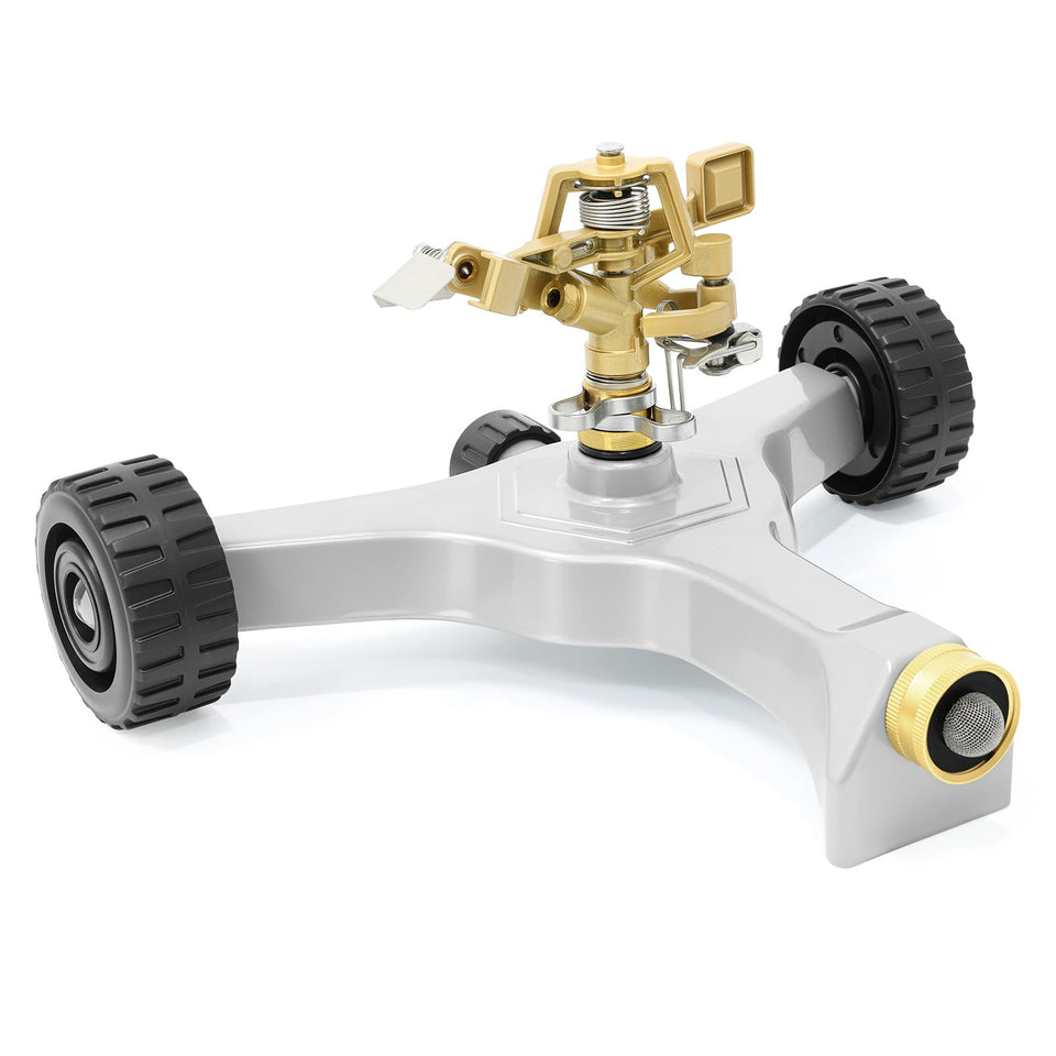 Restmo heavy-duty pulsating sprinkler with wheeled base for easy one-handed mobility.