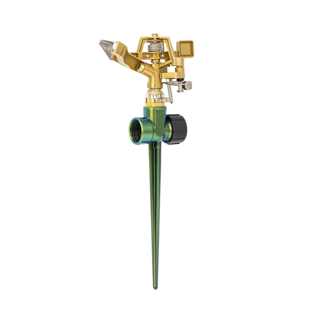 Restmo heavy-duty sprinkler on spike base for stable lawn watering.