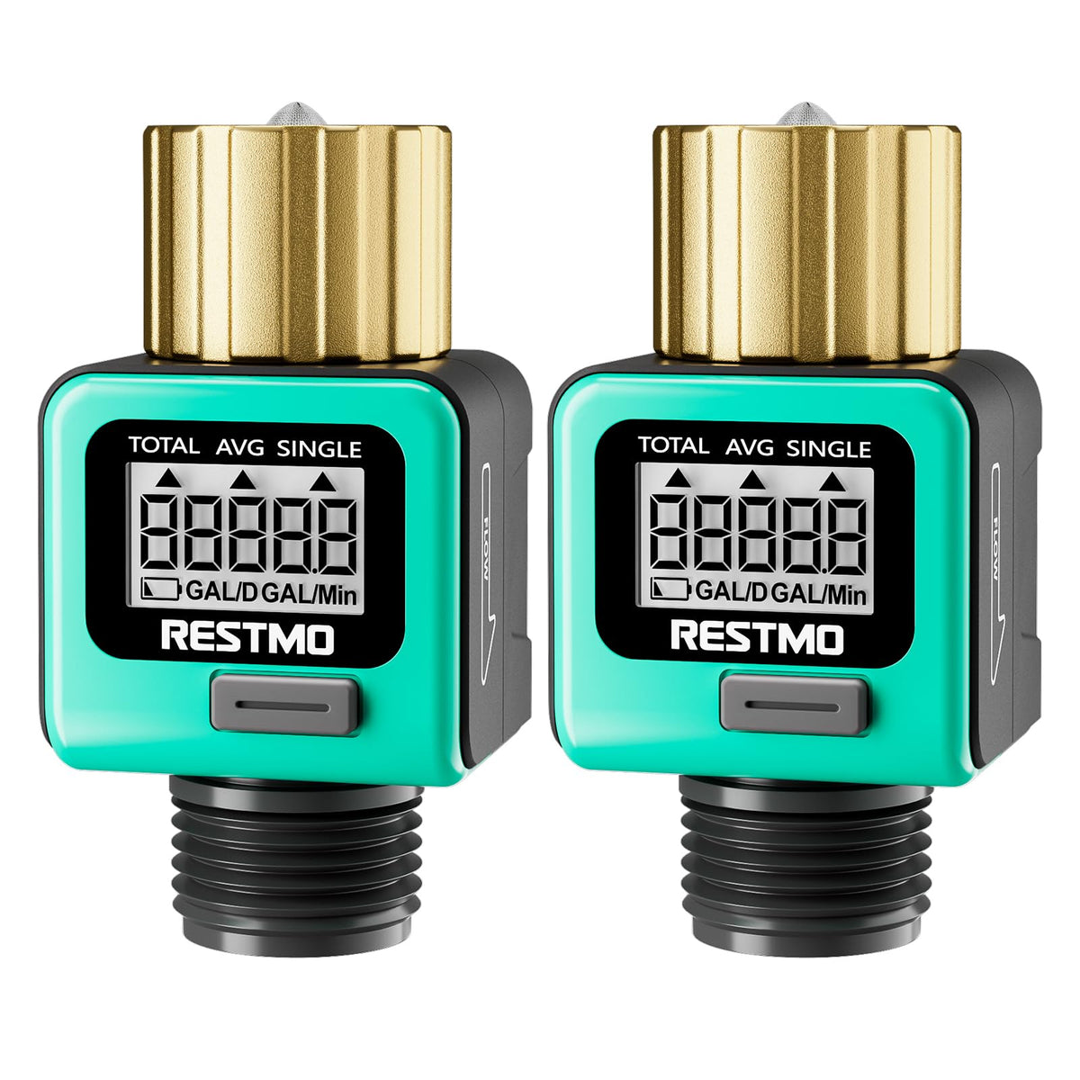 Restmo heavy-duty flow meter front view with brass inlet for accurate garden monitoring.