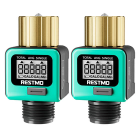 Restmo heavy-duty flow meter front view with brass inlet for accurate garden monitoring.