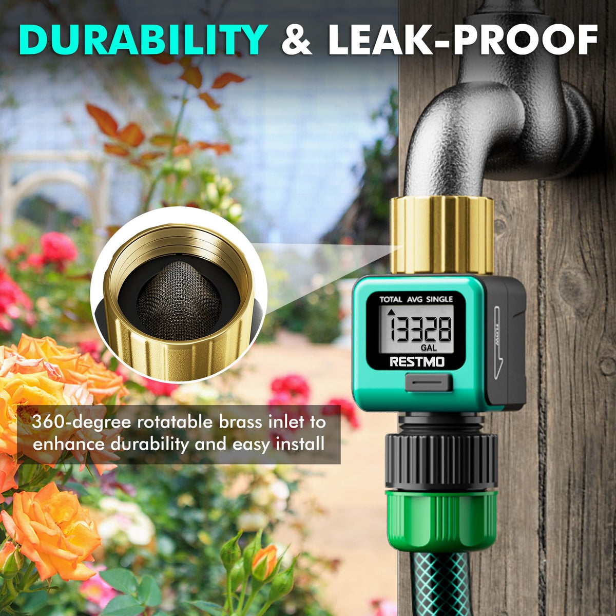 Restmo flow meter side view showing rugged brass inlet for outdoor use.