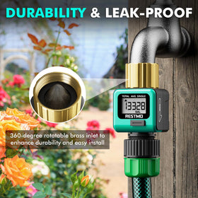 Restmo flow meter side view showing rugged brass inlet for outdoor use.
