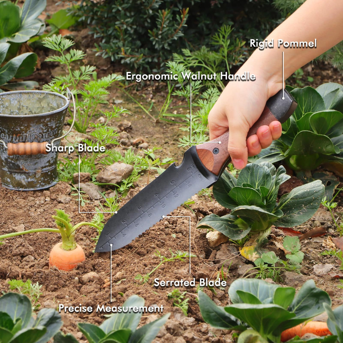 Restmo Hori Hori depth gauge marks to guide planting depth
