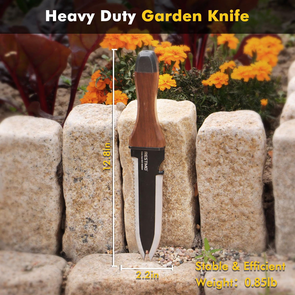 Restmo hori hori dual-tip blade highlights precise weed removal at the root