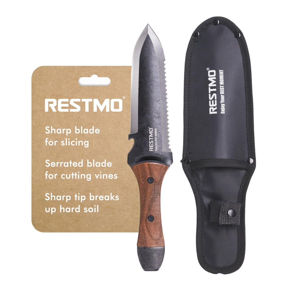 Restmo Hori Hori knife with sheath ready for garden tasks and easy transport