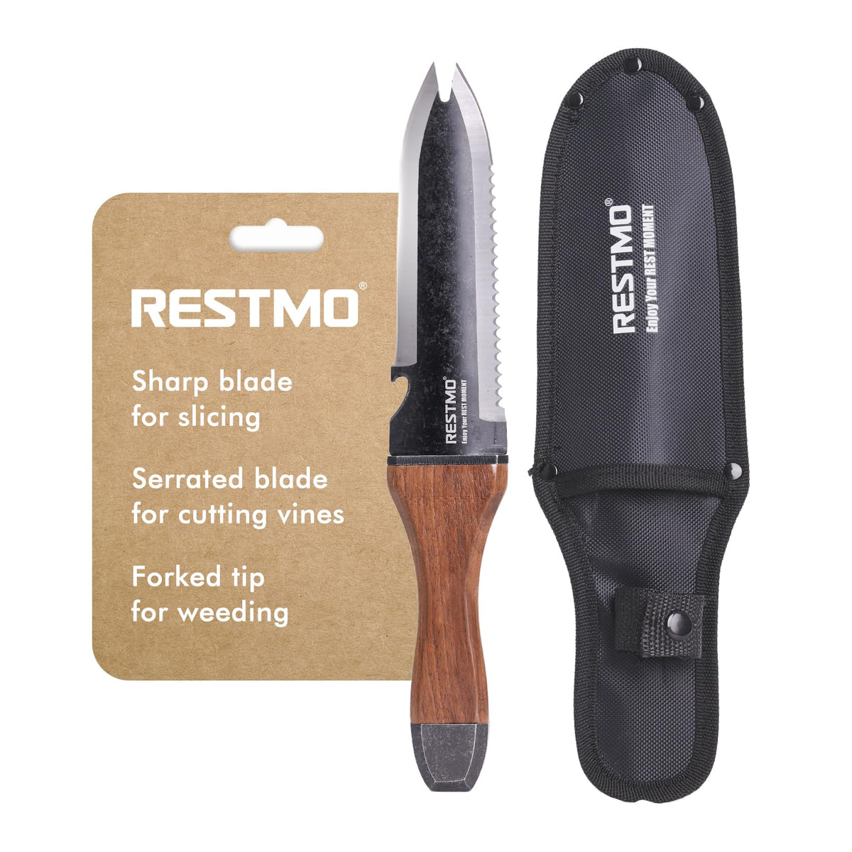 Restmo hori hori knife with sheath for easy on-site gardening tasks