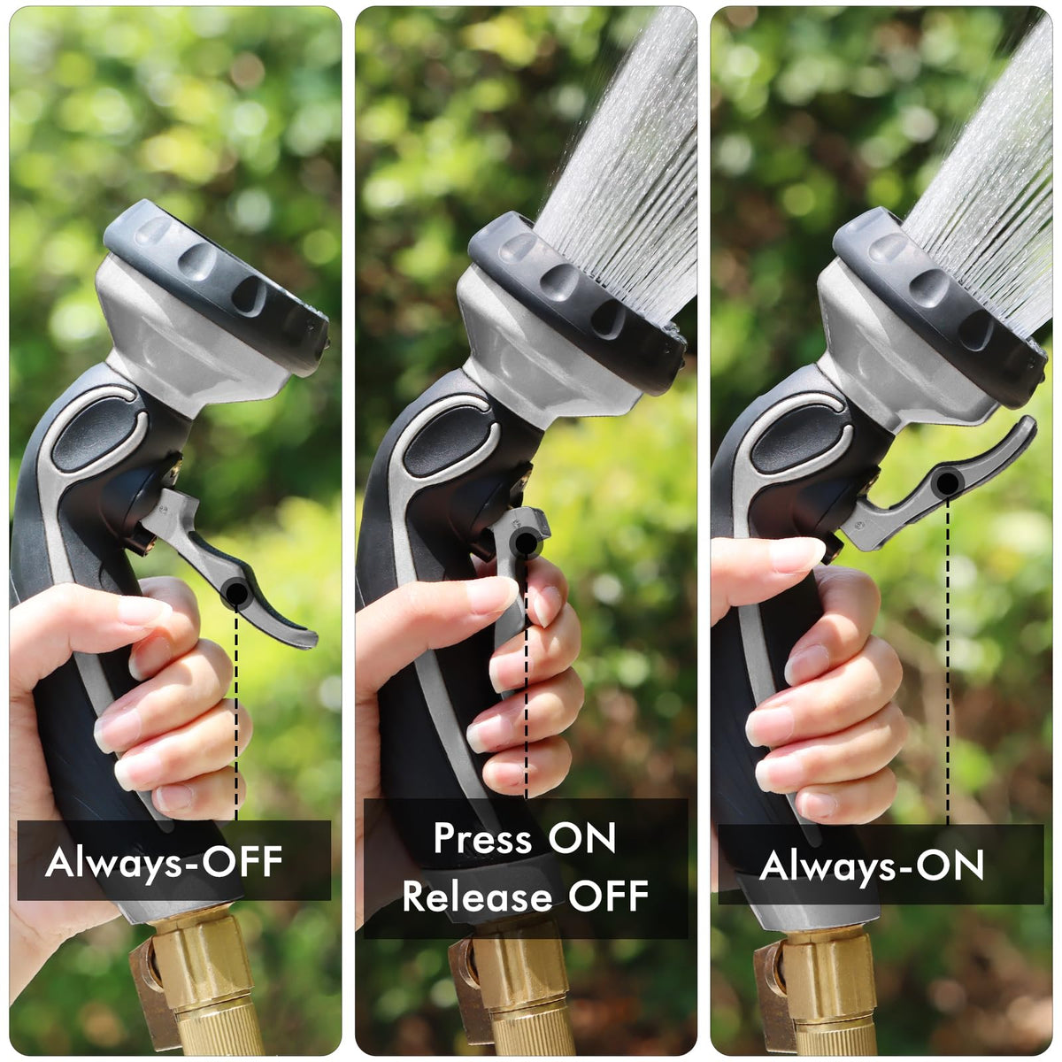 Restmo hose nozzle with 9-pattern dial enabling versatile watering tasks.