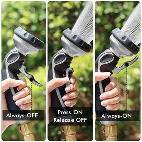 Restmo hose nozzle with 9-pattern dial enabling versatile watering tasks.