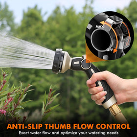 Restmo hose nozzle dial shows nine patterns for versatile tasks.