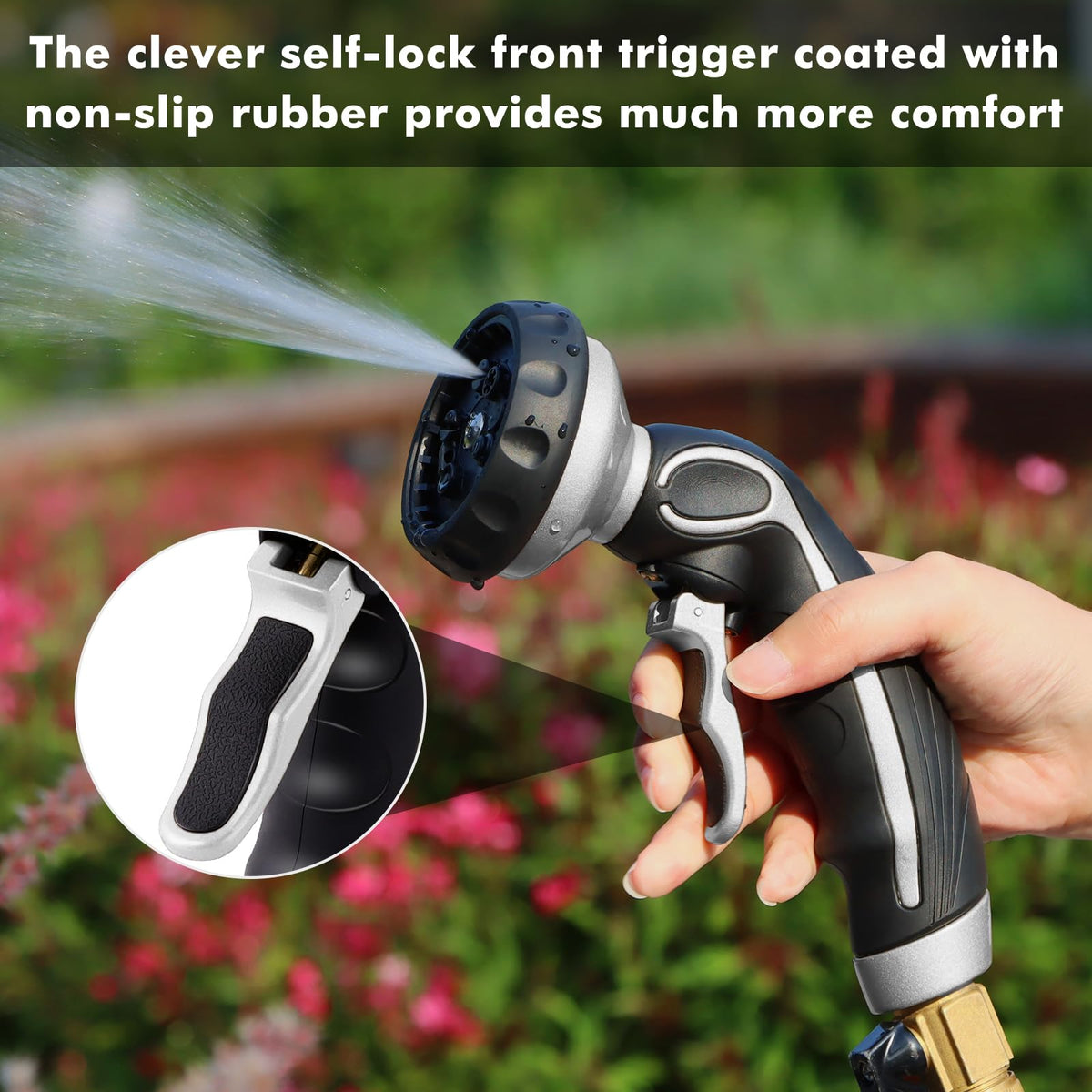 Restmo hose nozzle ergonomic non-slip handle reduces hand fatigue.