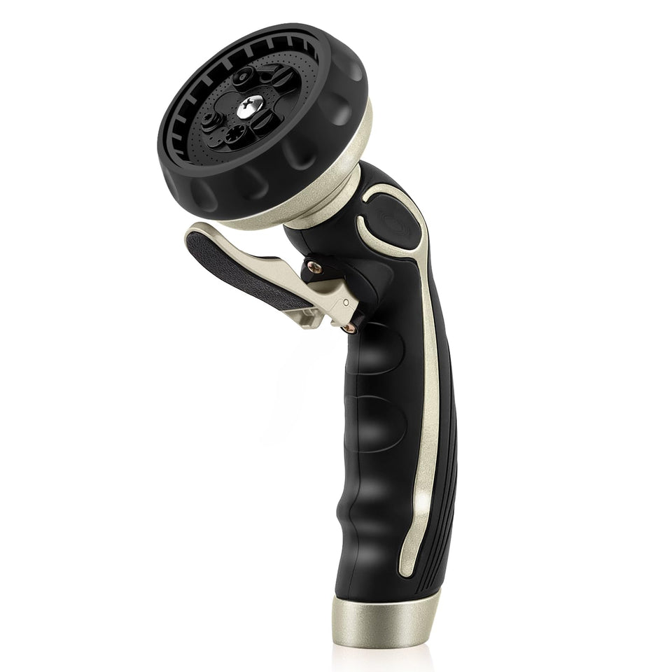 Restmo hose nozzle with front trigger for effortless one-handed watering.