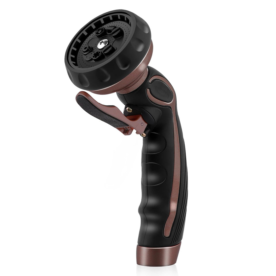 RESTMO hose nozzle front trigger for one handed control during watering tasks