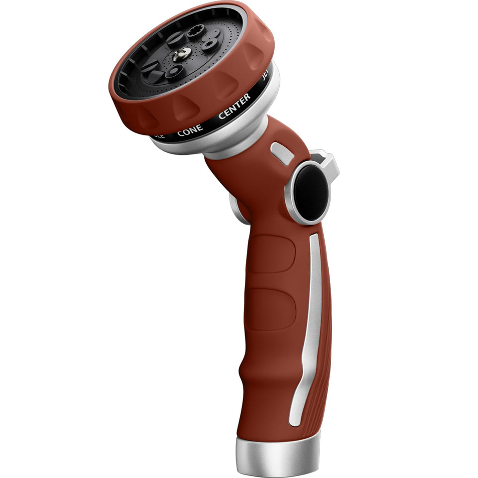 Restmo hose nozzle front view with durable metal construction for longevity.