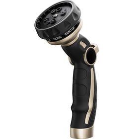 Restmo hose nozzle front view highlights rugged metal build for heavy-duty watering.