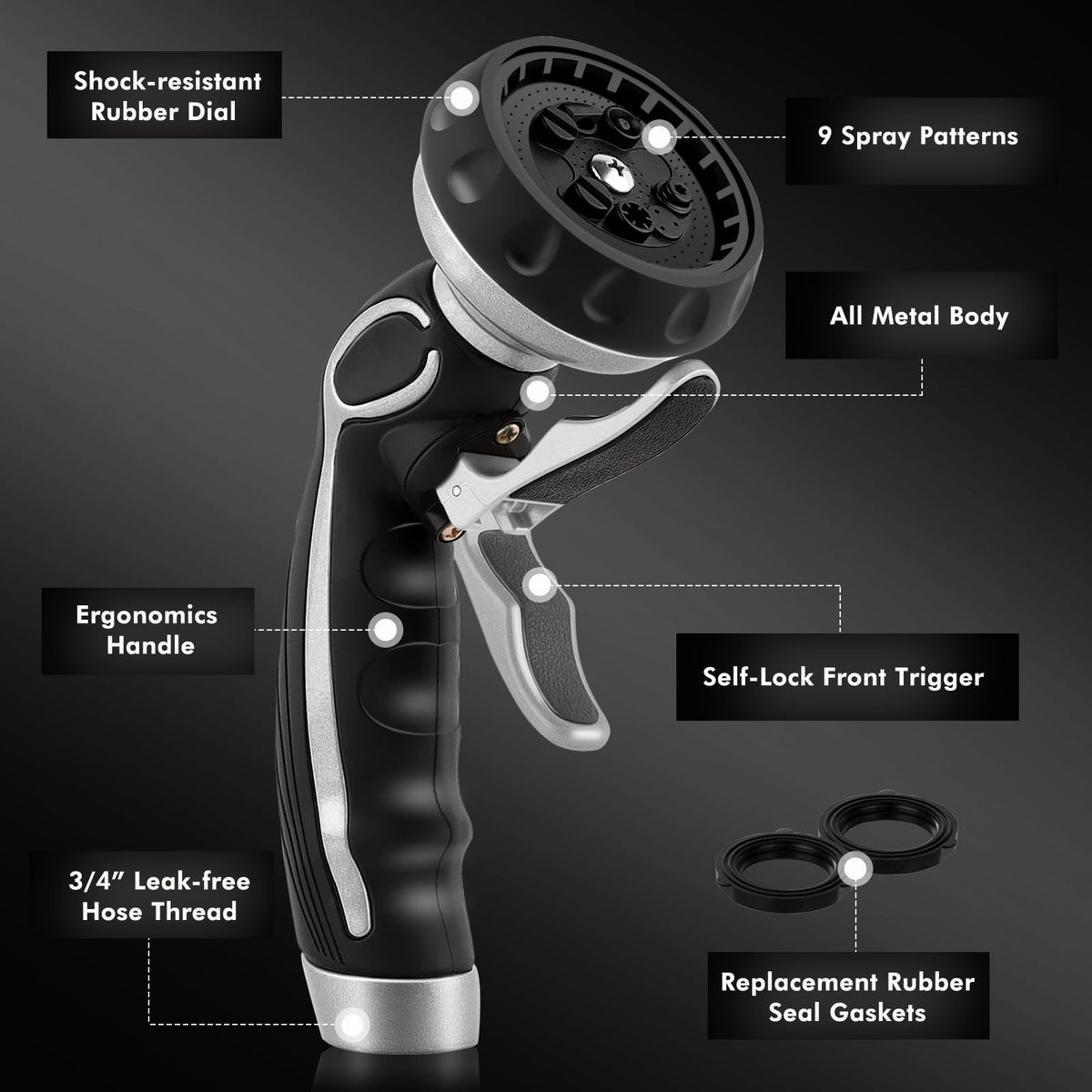 Restmo hose nozzle heavy-duty metal body resists rust and wear.