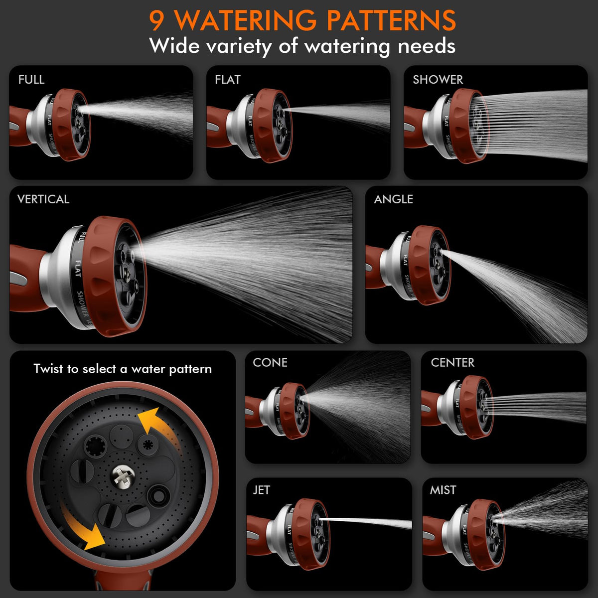 Restmo hose nozzle in shower pattern for gentle plant watering.