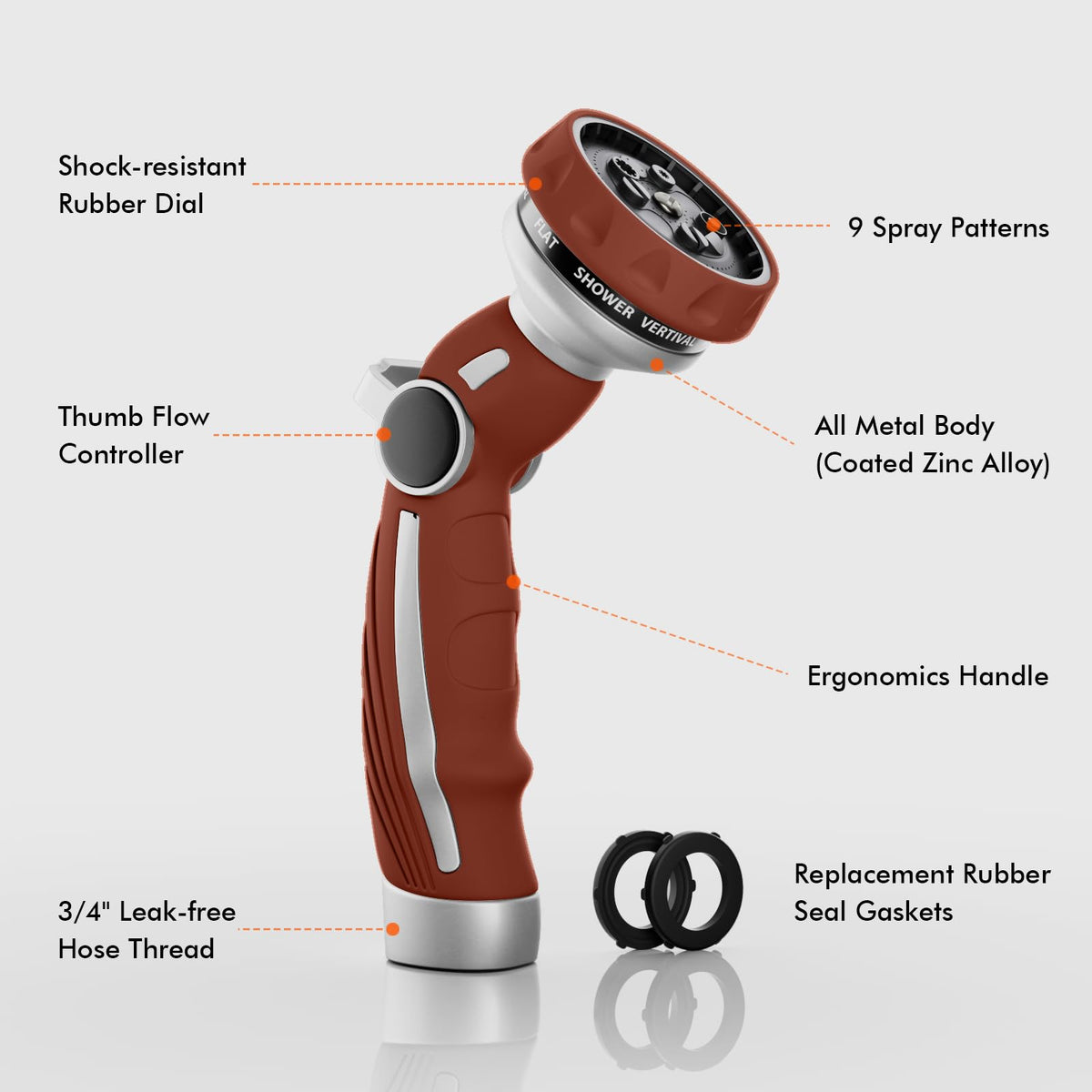 Restmo hose nozzle side view showing ergonomic, non-slip handle.