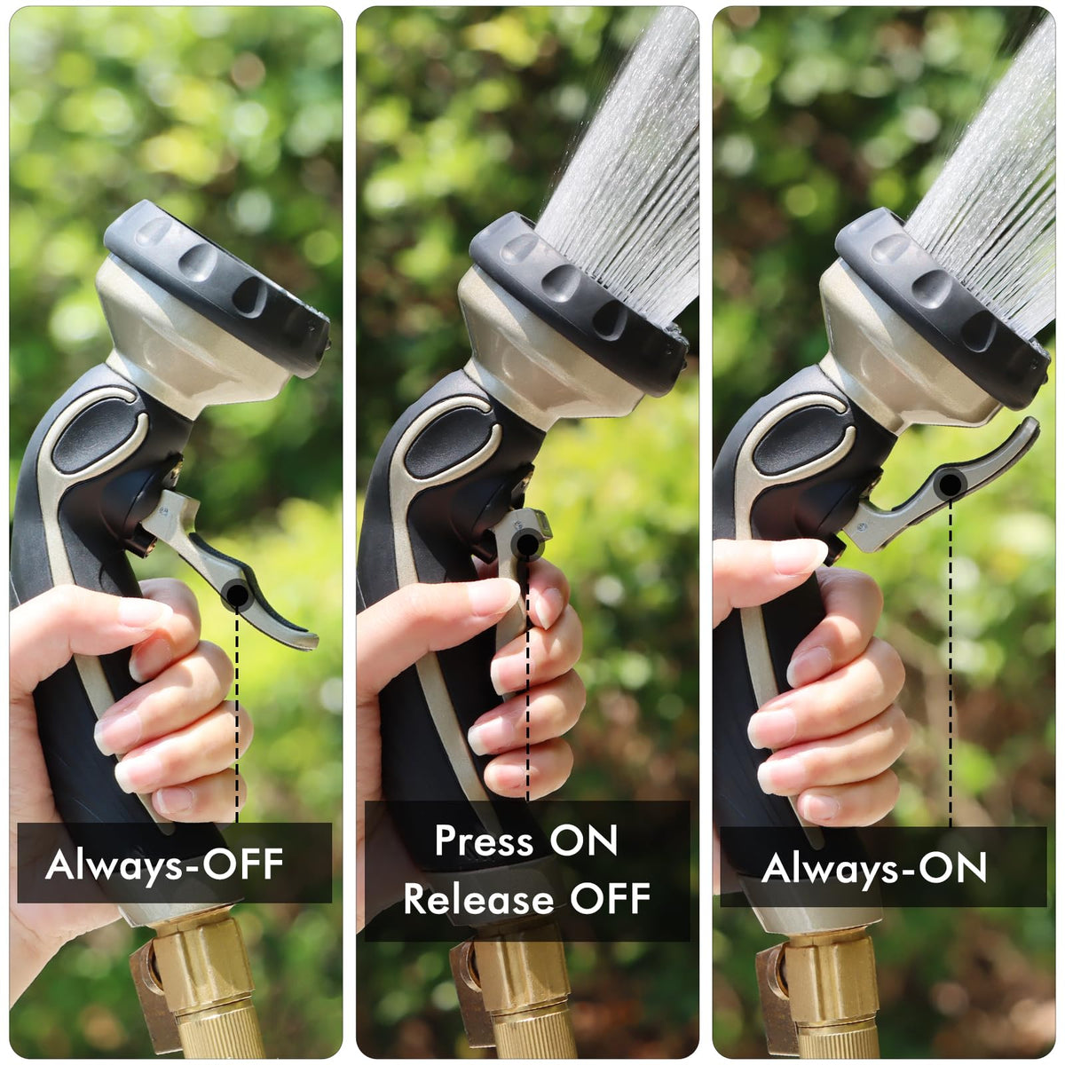 Restmo hose nozzle with metal body for durable outdoor use.