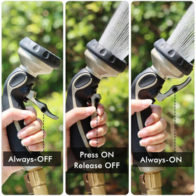 Restmo hose nozzle with metal body for durable outdoor use.
