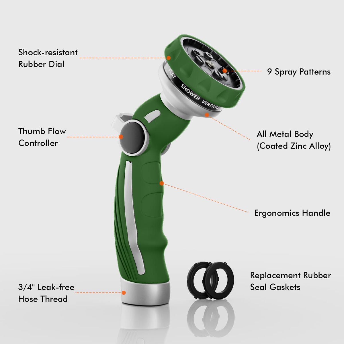 RESTMO hose nozzle with thumb flow control for easy watering.