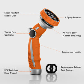 Restmo hose nozzle featuring thumb flow control for easy one-handed use.