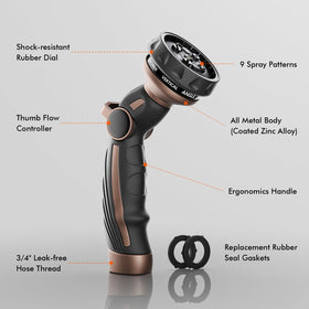 Restmo thumb flow-control nozzle for easy on-off and pressure changes.