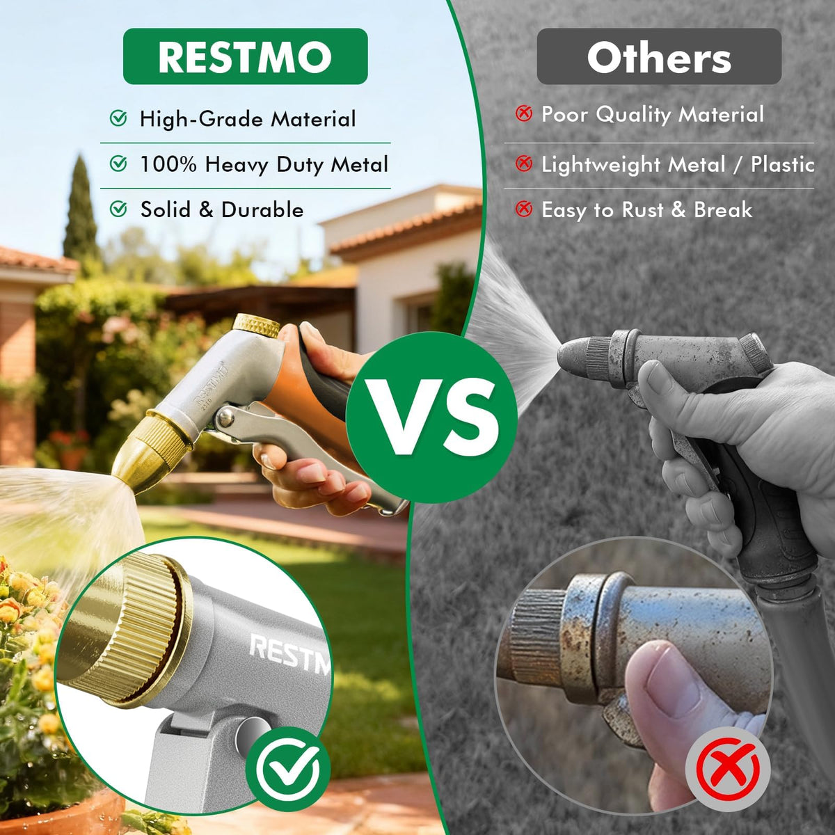 Restmo 3/4 inch NH thread compatibility confirms universal hose attachment.