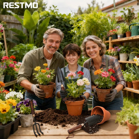 Restmo in-use action shows digging, weeding, and transplanting in one session.