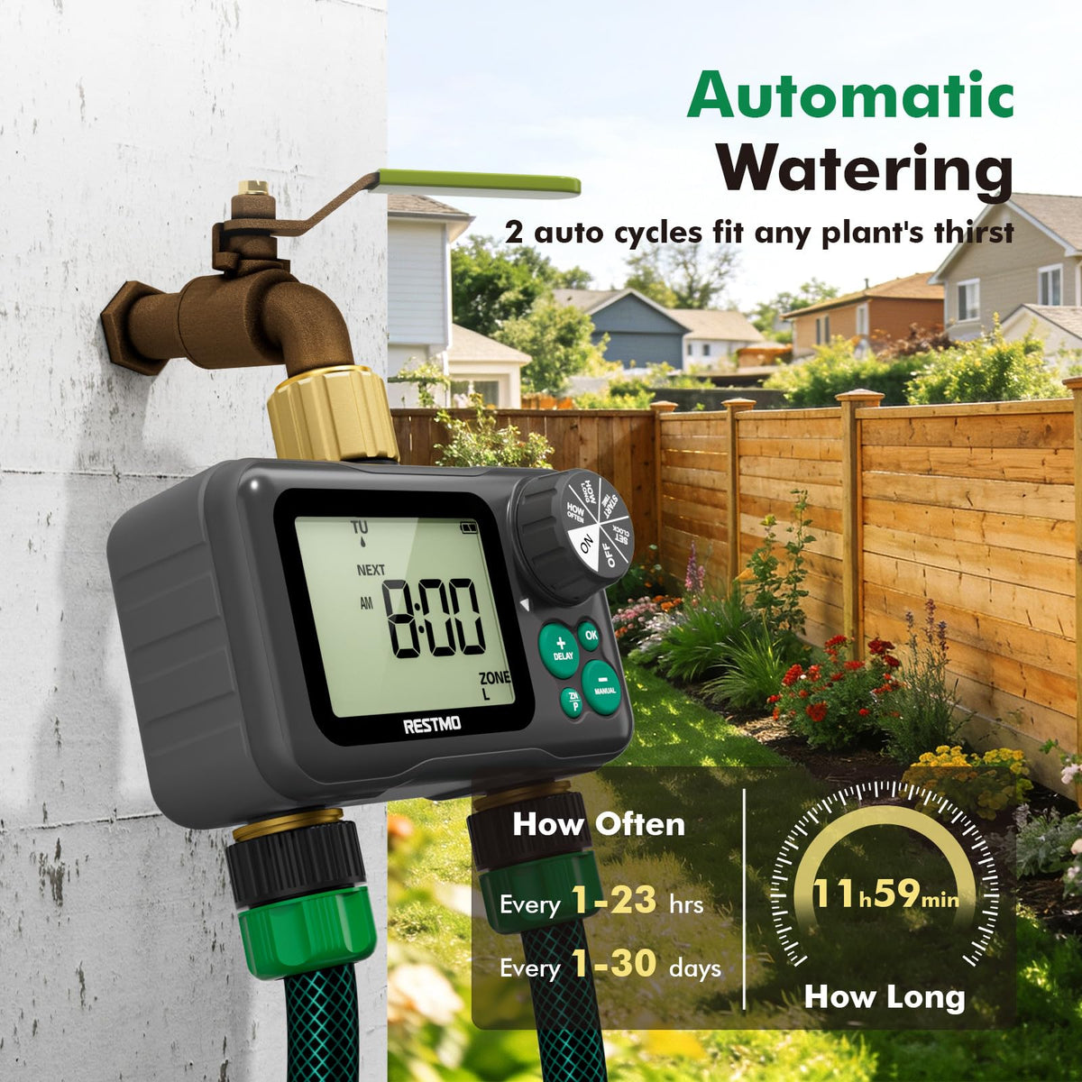 Restmo large-dial sprinkler timer with easy-to-read outdoor display