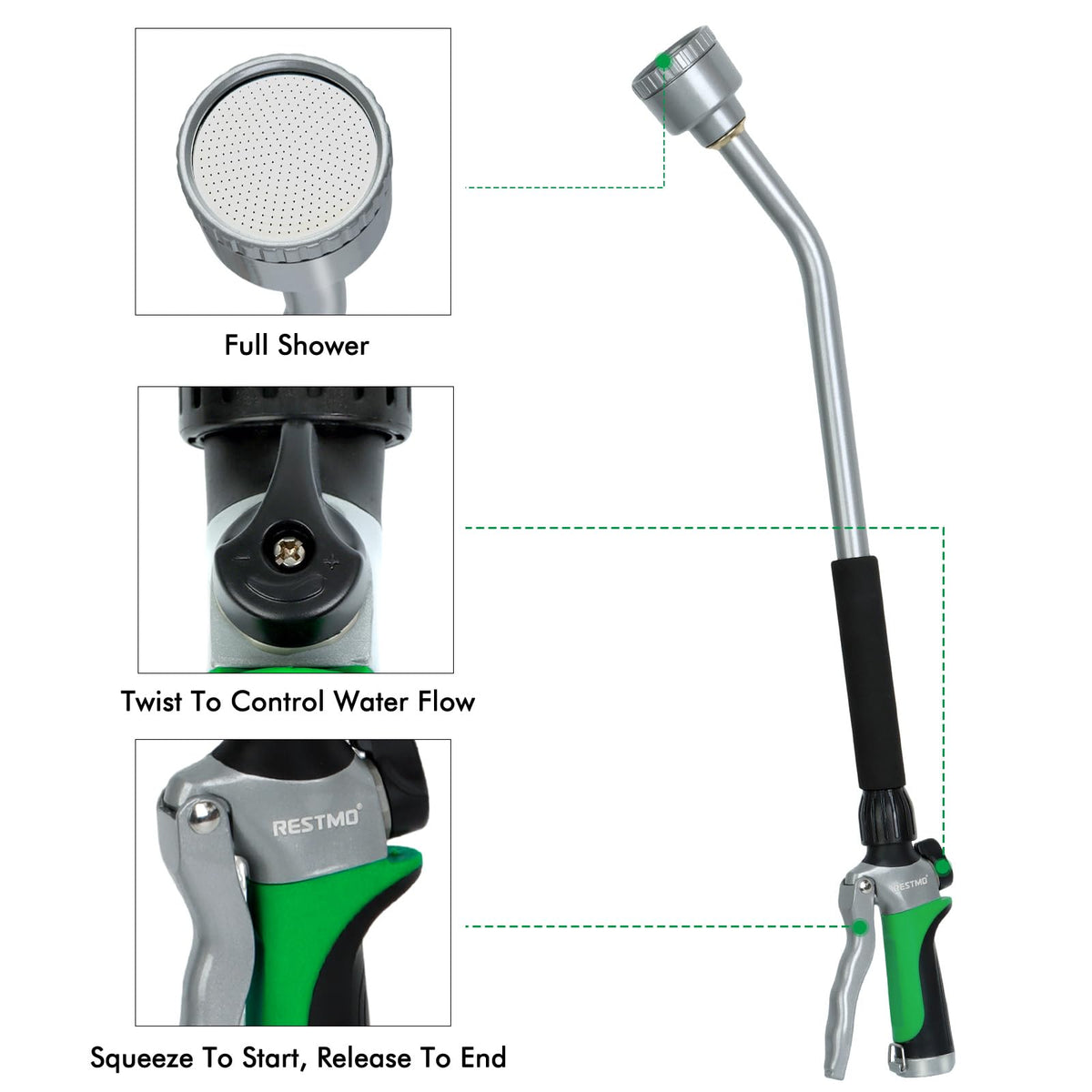 Restmo long watering wand ergonomic grip keeps a secure, comfortable hold.
