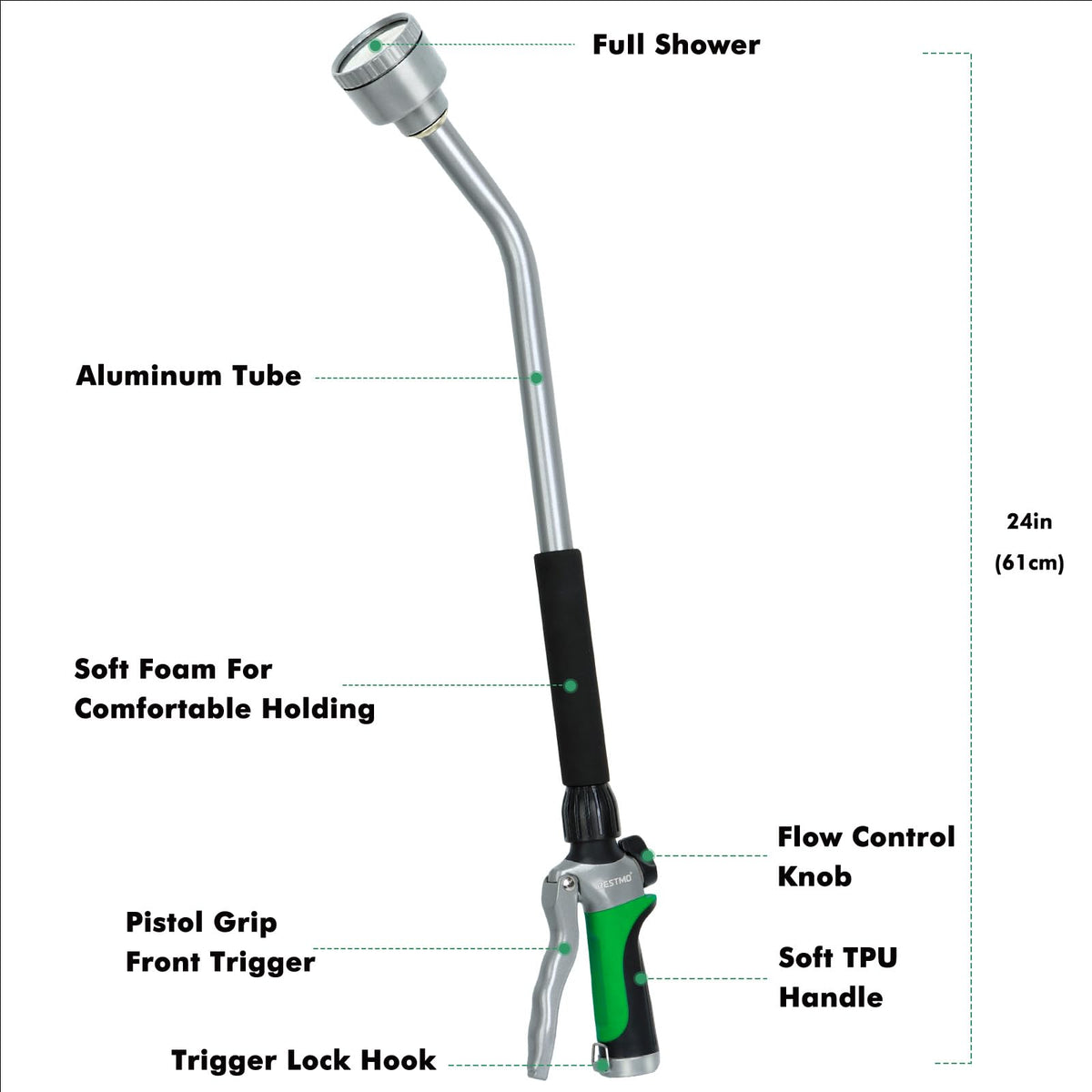Restmo long watering wand flow control enables precise watering from mist to gentle jet.
