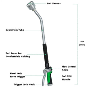 Restmo long watering wand flow control enables precise watering from mist to gentle jet.