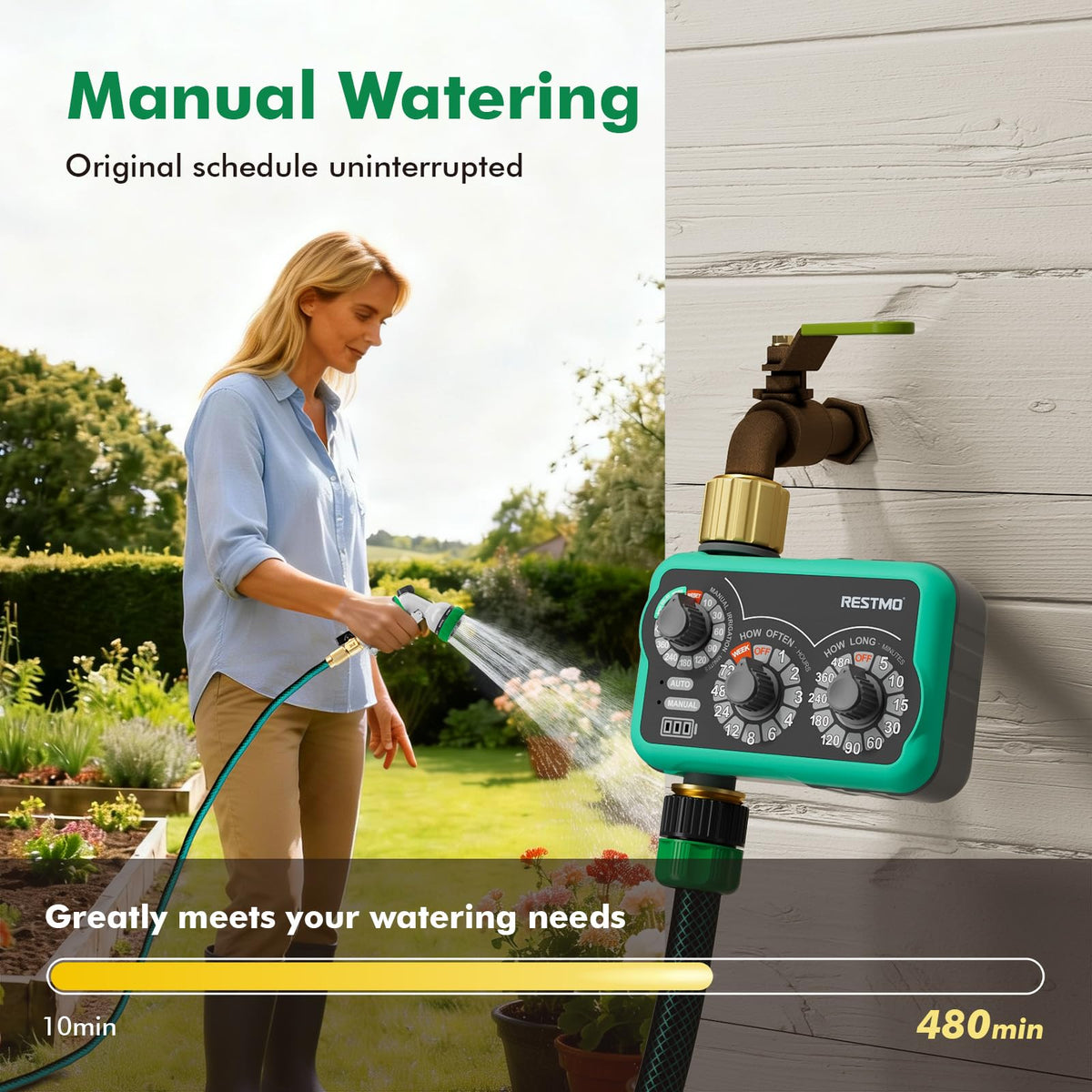 Restmo manual watering dial enables instant irrigation without changing presets.