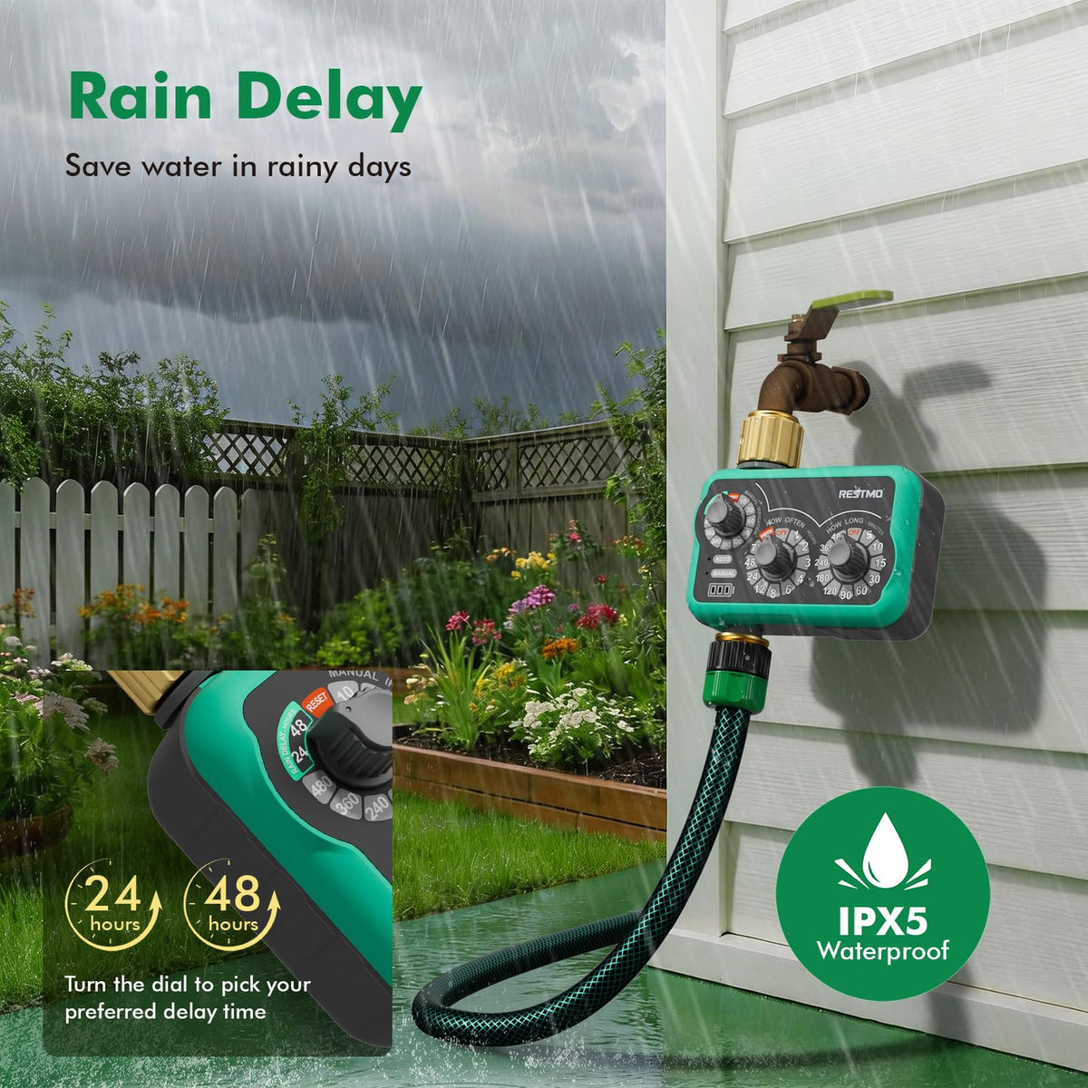 Restmo timer set for up to 480 minutes of continuous watering.