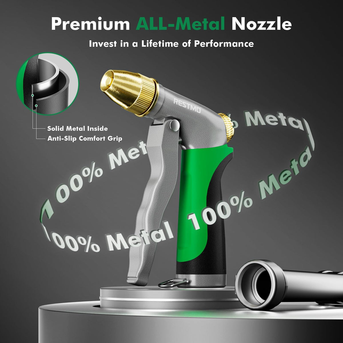 Restmo metal hose nozzle features ergonomic grip for comfortable long use.