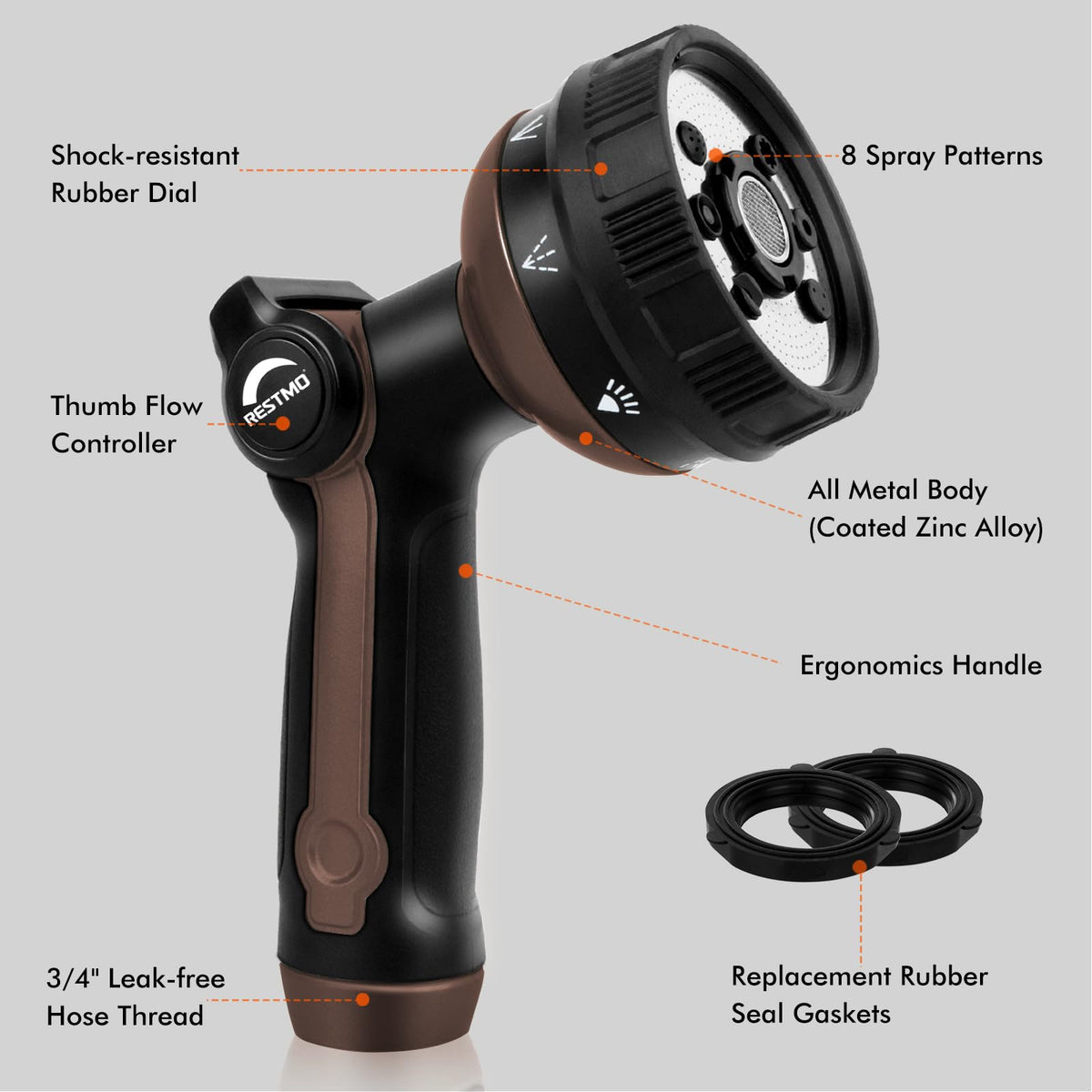 Restmo metal spray nozzle showing 8-pattern head for versatile watering