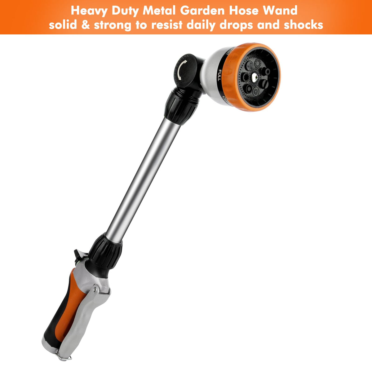 Restmo metal watering wand 180-degree head enables easier reach of hanging baskets and tight corners.