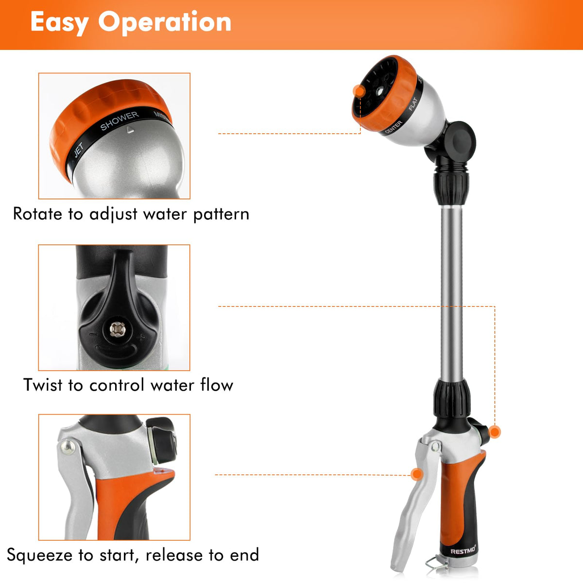 Restmo metal watering wand 7-pattern dial offers versatile watering options for plants and cleaning.