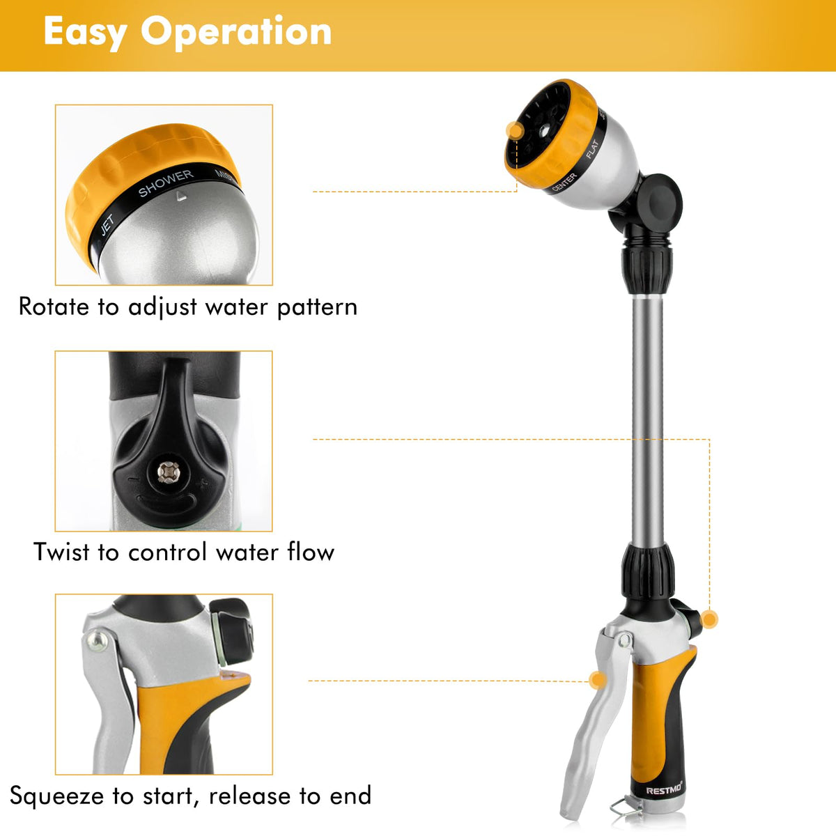 Restmo metal watering wand 7-pattern dial showcases versatile spray options for plants and cleaning.