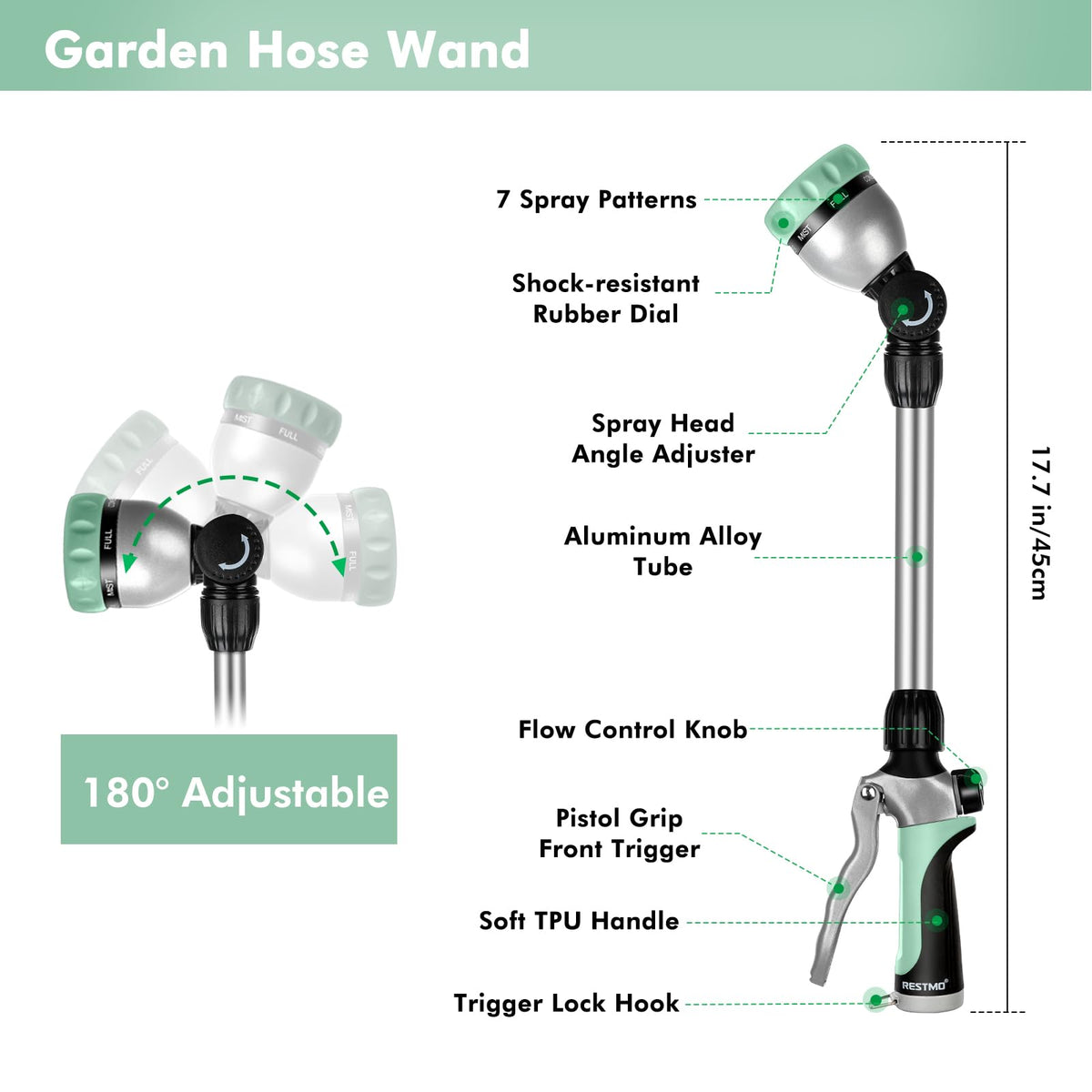 Restmo metal watering wand seven-pattern dial for versatile watering tasks
