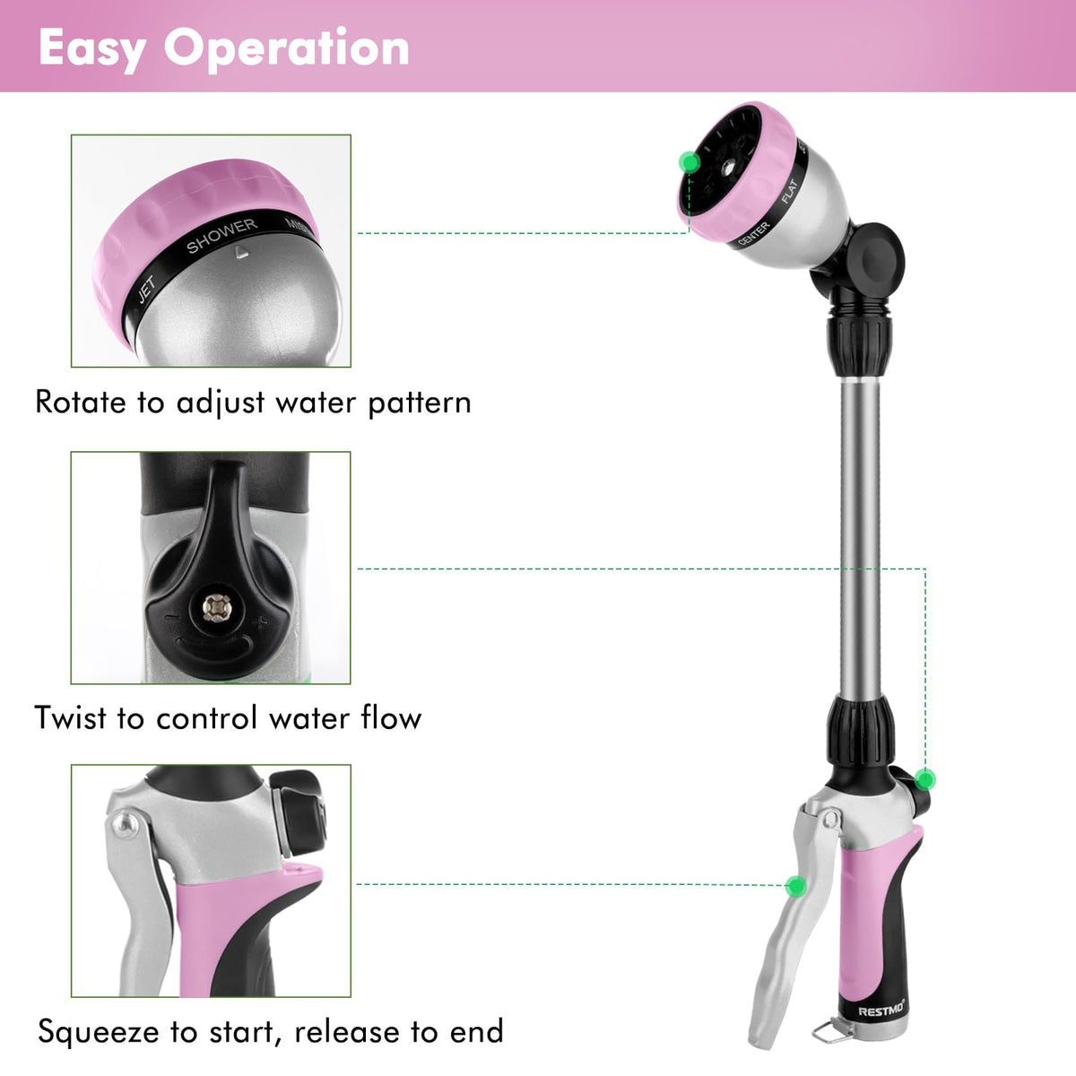 Restmo metal watering wand offers seven spray patterns for versatile garden tasks