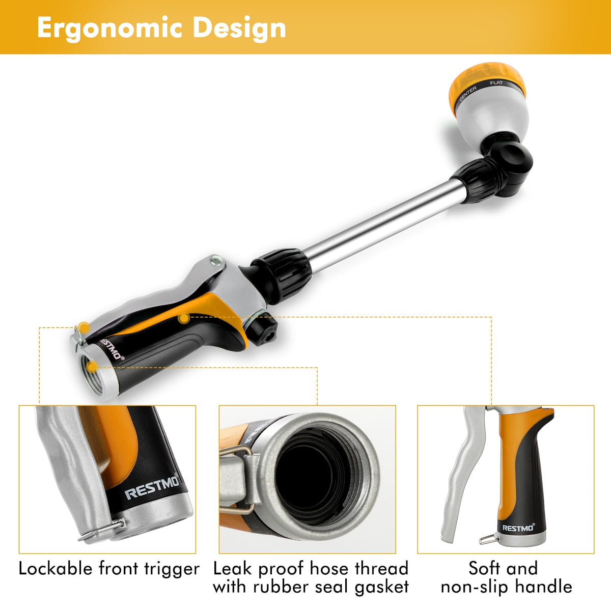 Restmo metal watering wand flow-control knob lets you customize pressure for blooms.