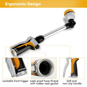 Restmo metal watering wand flow-control knob lets you customize pressure for blooms.