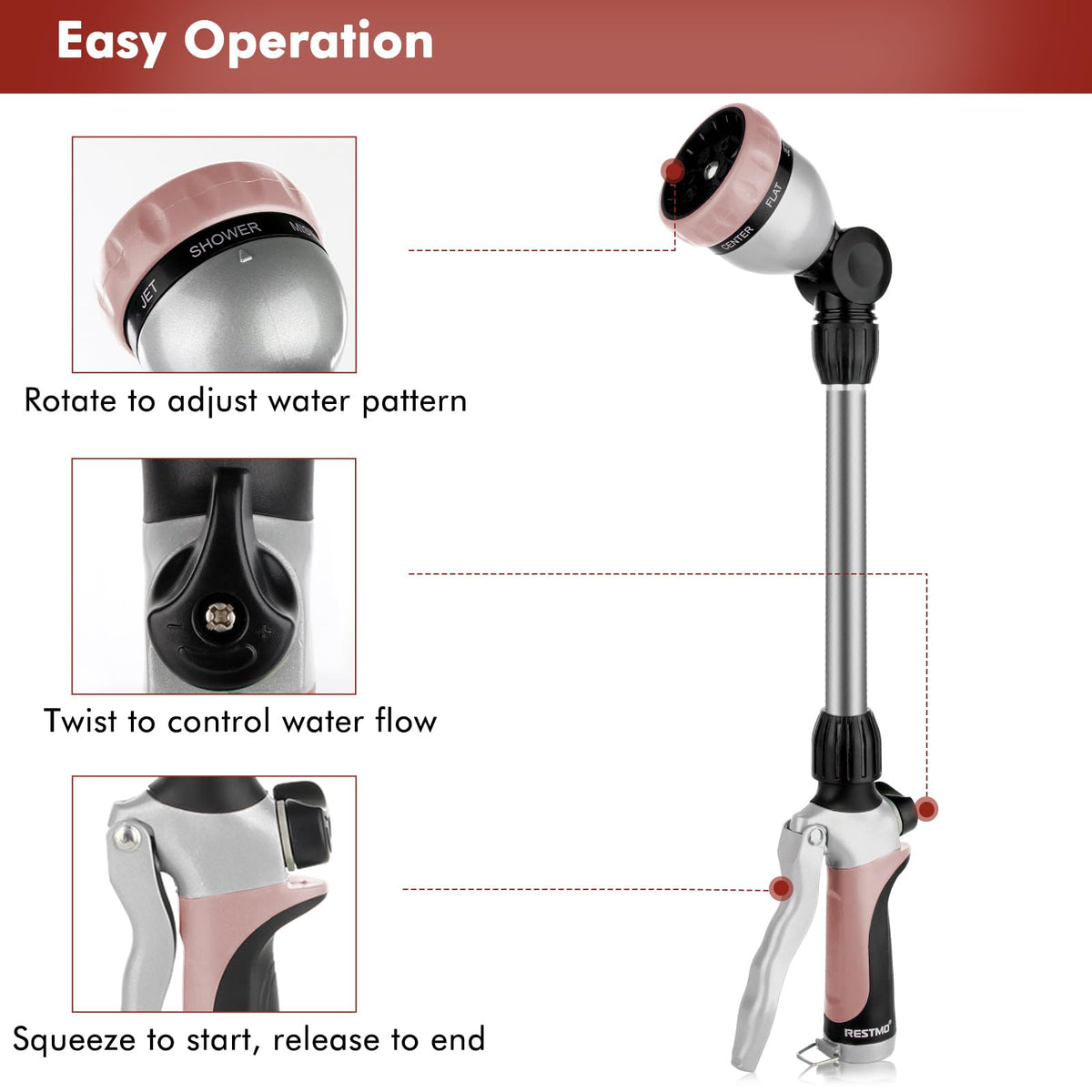 Flow control knob lets you adjust pressure for delicate plants or jets