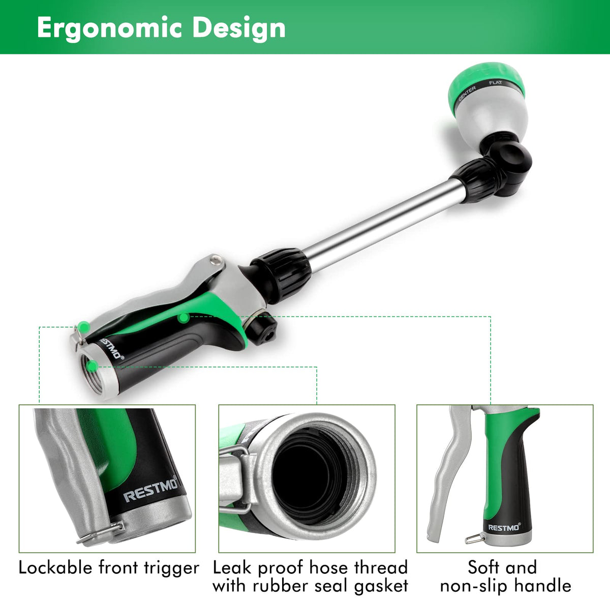 Restmo metal watering wand flow control knob adjusts pressure for precise watering.