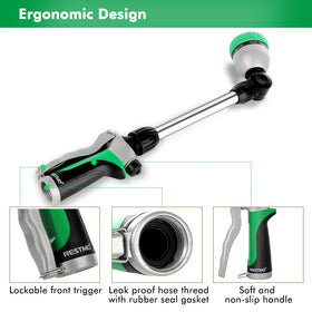 Restmo metal watering wand flow control knob adjusts pressure for precise watering.